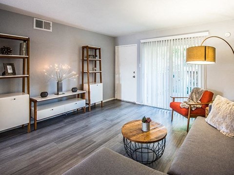a living room with a couch and a coffee table